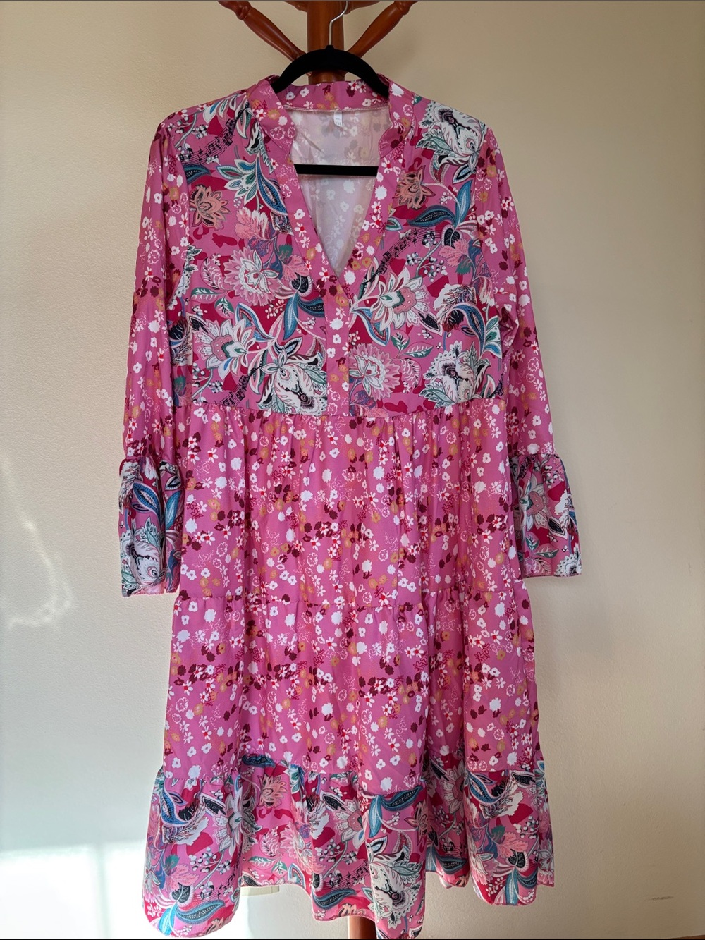 Pink Floral Tiered V-Neck Dress